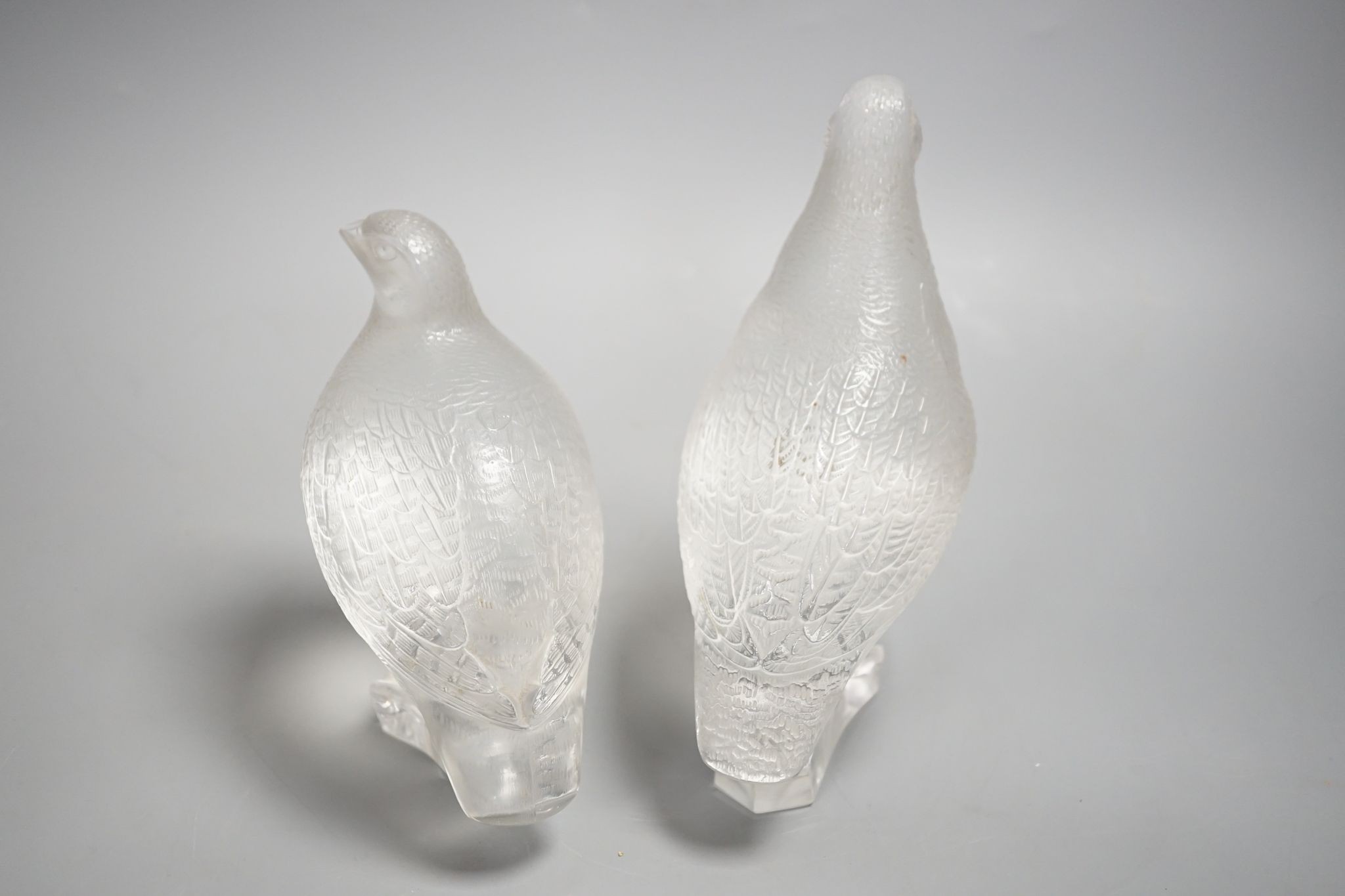 A pair Lalique glass partridges, Tallest 17 cms high.
